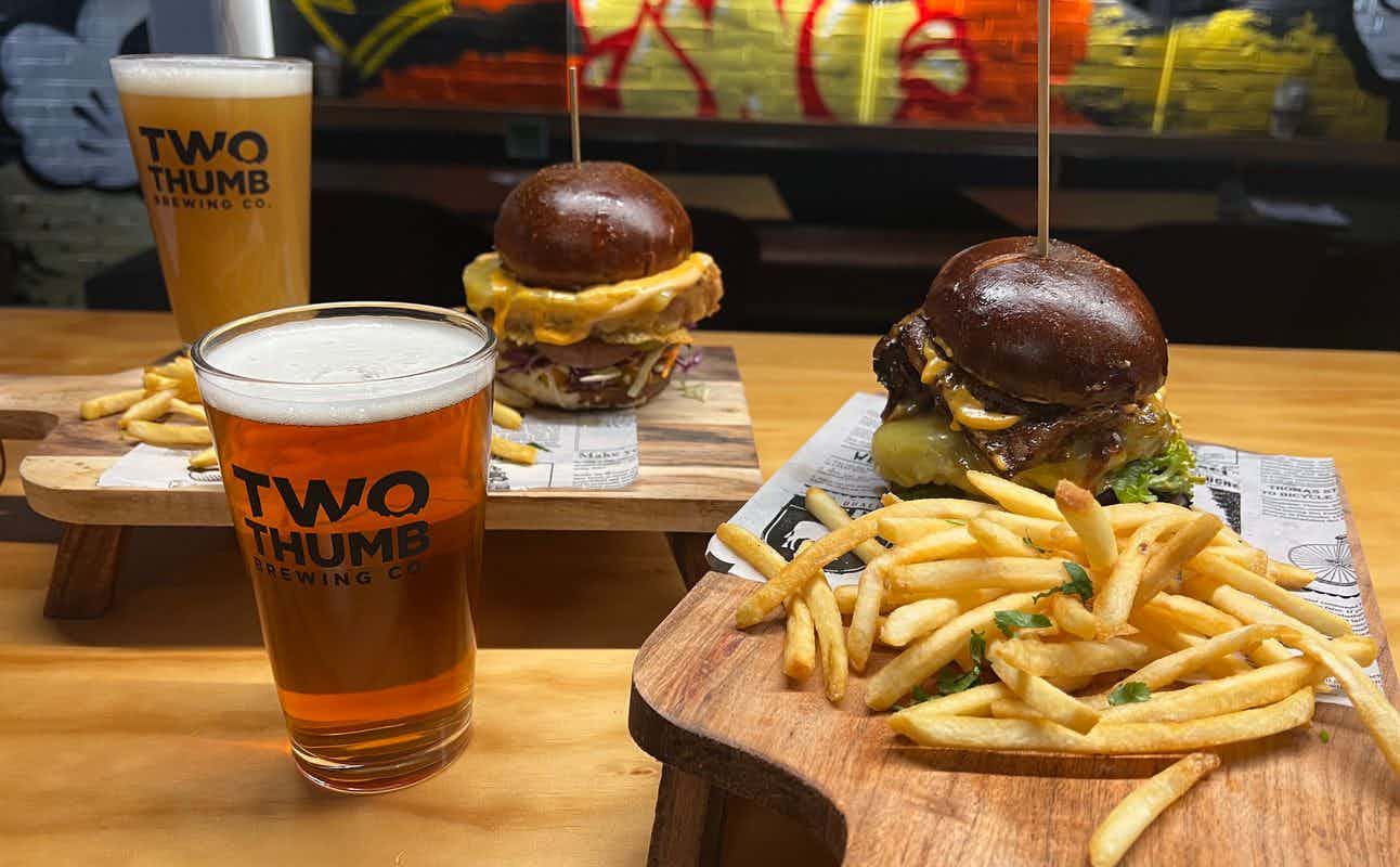 Enjoy Pub Food, Burgers, Dairy Free Options, Gluten Free Options, Vegan Options, Vegetarian options, Bars & Pubs, Cafe, Table service, $$, Craft Beer and Groups cuisine at Two Thumb Brewing Co. on Colombo in Christchurch Central, Christchurch