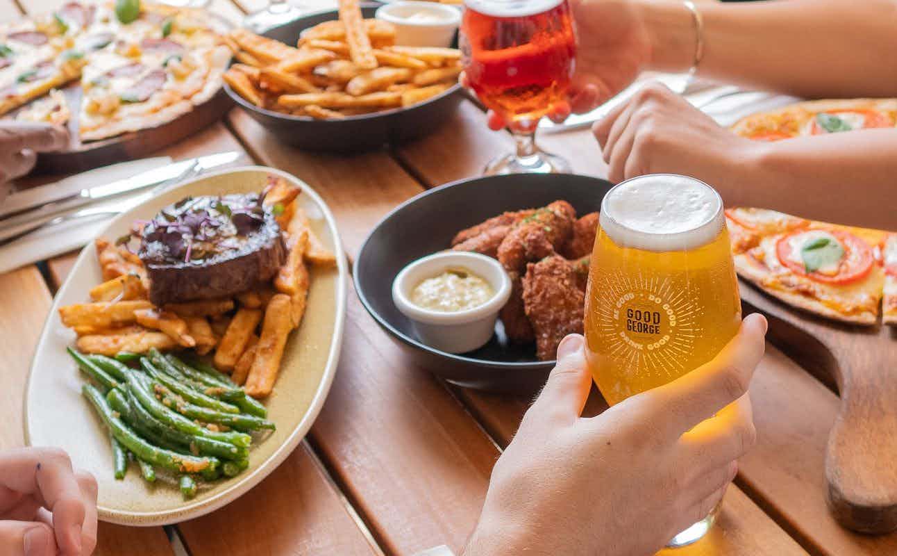 Enjoy Pub Food, Burgers, Vegetarian options, Bars & Pubs, Gastropub, Indoor & Outdoor Seating, $$$$, Craft Beer, Families and Groups cuisine at Good George Mission Bay Taproom in Mission Bay, Auckland