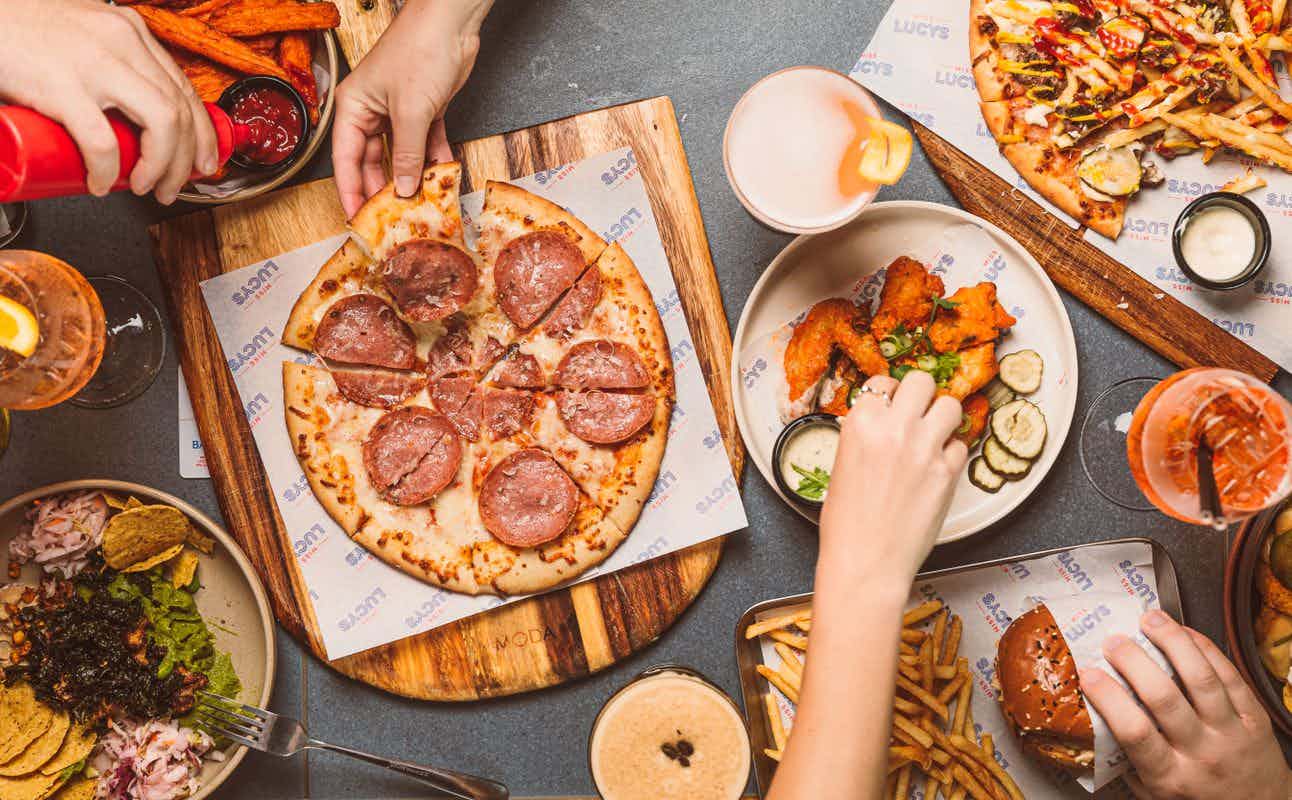 Enjoy Pizza, New Zealand, Street Food, Gluten Free Options, Vegan Options, Vegetarian options, Bars & Pubs, Indoor & Outdoor Seating, Wheelchair accessible, Free Wifi, Highchairs available, $$, Groups and Families cuisine at Miss Lucy's in Auckland City Centre, Auckland
