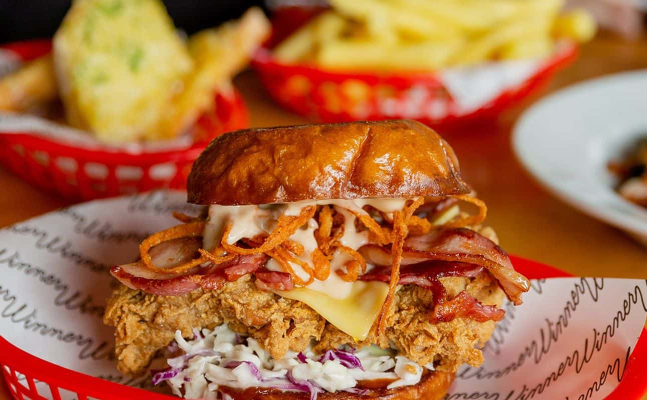 Enjoy American, Burgers, European, Vegetarian options, Vegan options, Restaurant, Indoor & outdoor seating, $$ and Families cuisine at Winner Winner Pukekohe in Pukekohe, Auckland